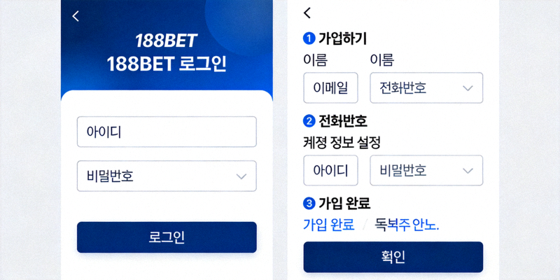 188BET 로그인 화면과 가입 절차를 보여주는 스크린샷 이미지