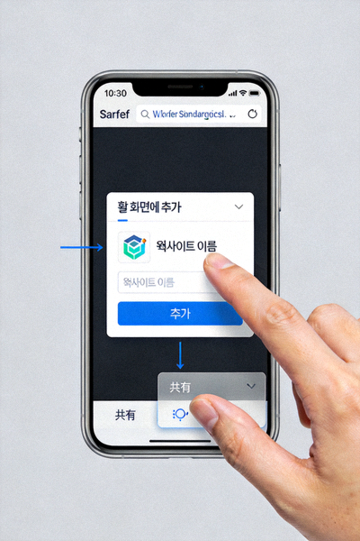 아이폰 Safari 브라우저에서 웹사이트를 홈 화면에 추가하는 방법을 보여주는 스크린샷