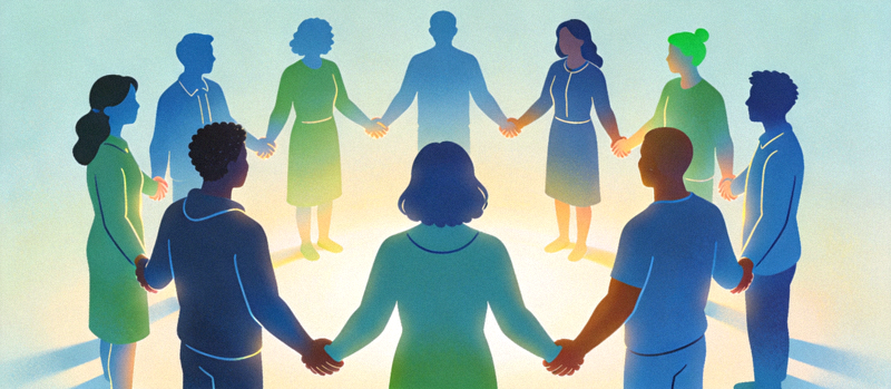 안전하고 책임 있는 인터넷 이용을 상징하는 이미지 - 다양한 인종의 사람들이 손을 모으고 있는 실루엣