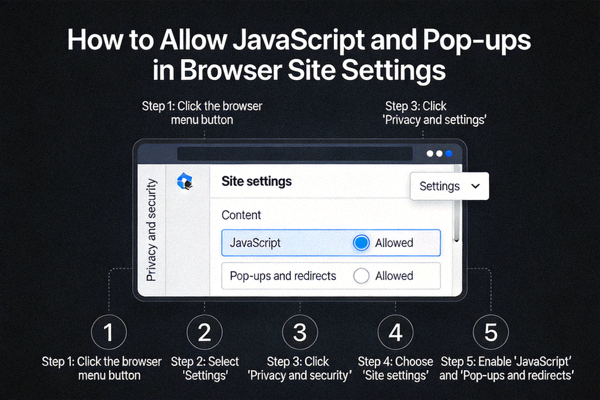 브라우저에서 사이트 설정 메뉴를 열어 자바스크립트와 팝업을 허용하는 방법을 보여주는 예시 이미지