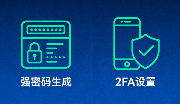 강력한 비밀번호 생성 및 2단계 인증 설정을 상징하는 아이콘과 그래픽