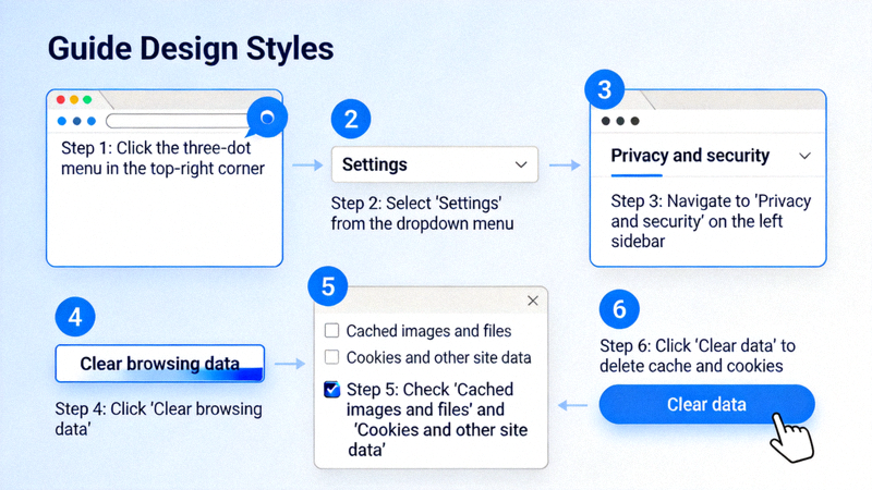 Google Chrome 브라우저에서 캐시와 쿠키를 삭제하는 설정 화면 단계별 설명 이미지