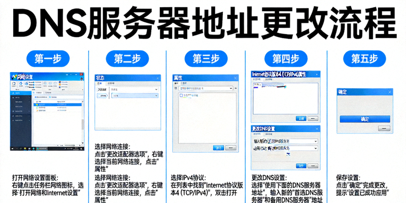 네트워크 설정 패널과 DNS 서버 주소를 변경하는 과정을 설명하는 다이어그램 이미지
