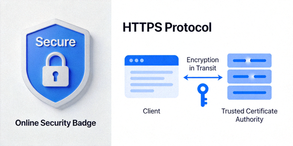 온라인 보안 배지와 HTTPS 프로토콜을 시각적으로 설명하는 그래픽 이미지