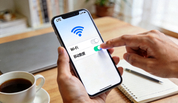 스마트폰에서 Wi-Fi와 모바일 데이터를 전환하며 네트워크를 확인하는 모습